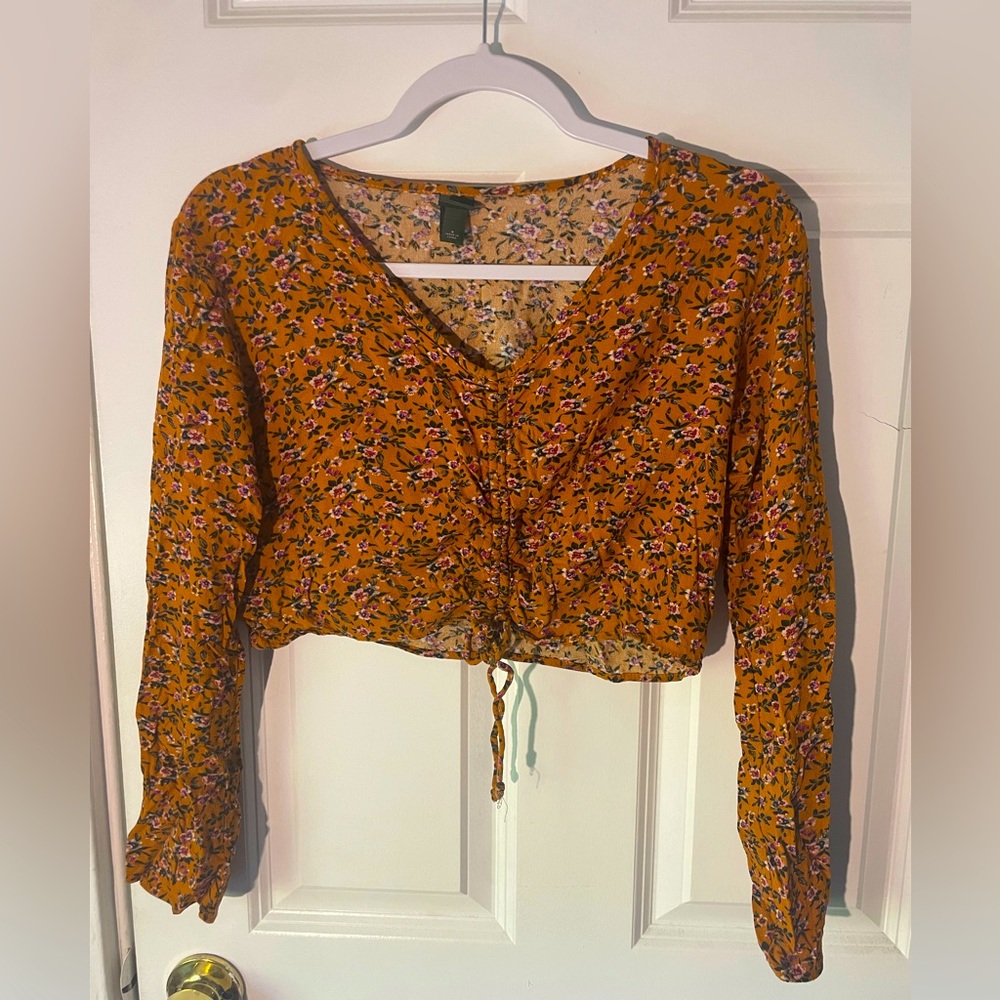 Mustard Floral Long Sleeve Crop Top